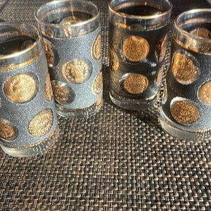 MCM Vintage Libbey Tumblers Glasses Faux Leather Look Black & Gold Mid Century